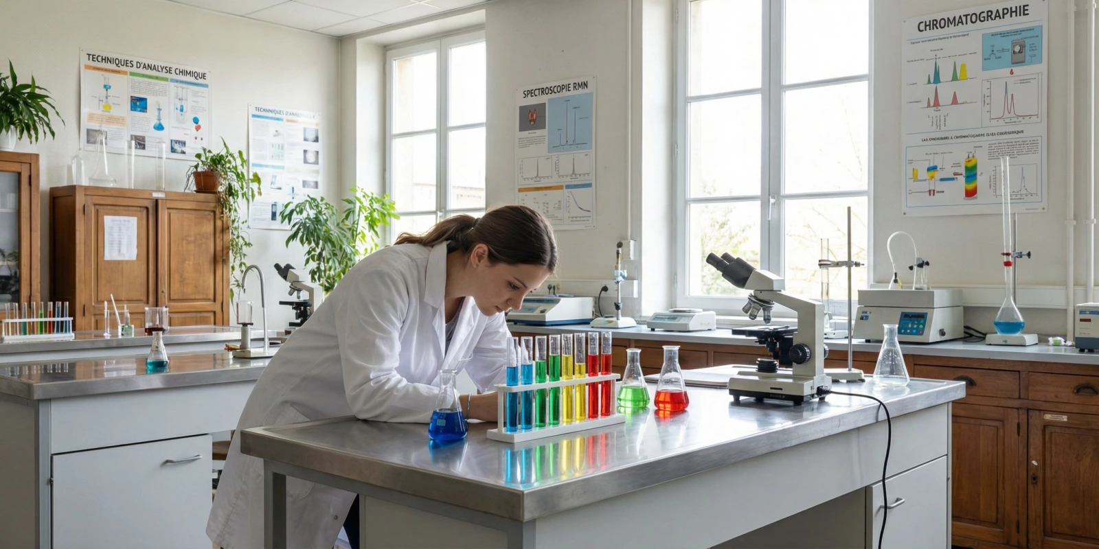 Licences après un BTS Chimie : toutes les options en 2026 Étudiante en blouse blanche analysant des échantillons dans un laboratoire de chimie universitaire